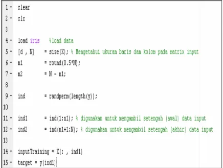 Gambar 4.10 menunjukkan implementasi kode MATLAB untuk  membaca data masukan iris 