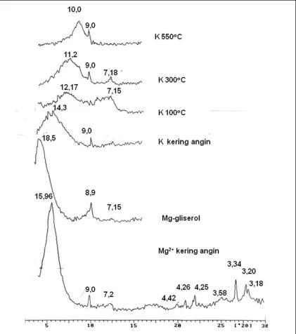 Gambar 4. menunjukkan pola difraksisinar-X pada sampel lempung berasal daribentonit. Lempung jenuh Mg memberikanpuncak 16,1 Å
