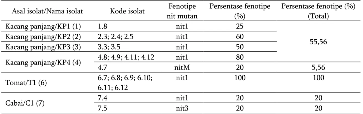 Tabel 3. Fenotipe dan persentase fenotipe nit mutan  F. oxysporum  dari beberapa inang