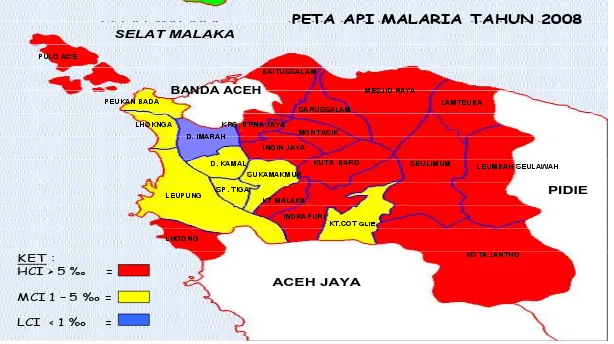 Gambar 2. Peta Annual Parasite Incidence  (API) Kabupaten Aceh Besar tahun 2008       (Sumber: Dinkes NAD, 2008)