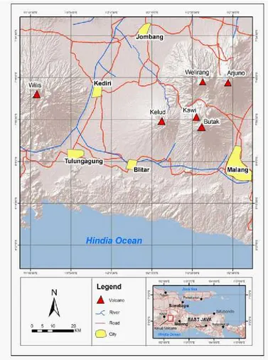Figure 1. Location and morphological overview of Kelud Volcano Region