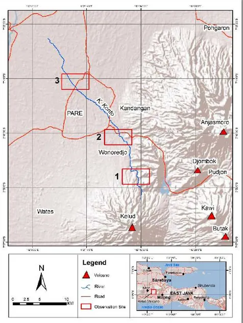Figure 2. Volcano and observation site in proximal (1), medial (2), and distal (3) areas (red boxs).Location Kali Konto at northern slope of Kelud Volcano.