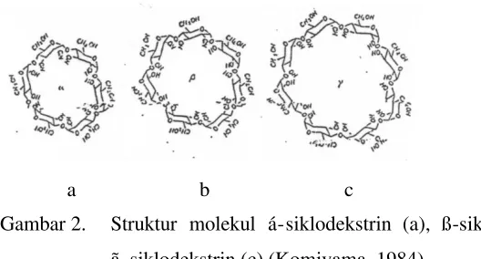 Gambar 2.  Struktur molekul á-siklodekstrin (a), ß-siklodekstrin (b), dan        