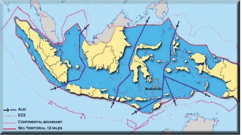 Figure 1. Location of Wakatobi In Indonesian archipelagic sea lanes (ALKI) based onthe PP