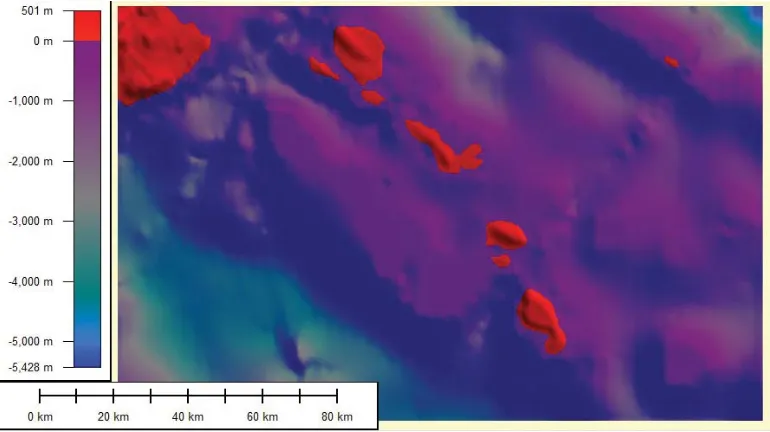 Figure 4. Map of 2-dimensional bathymetry contours of Wakatobi Regency (Source: Gebco 30”bathymetry data)