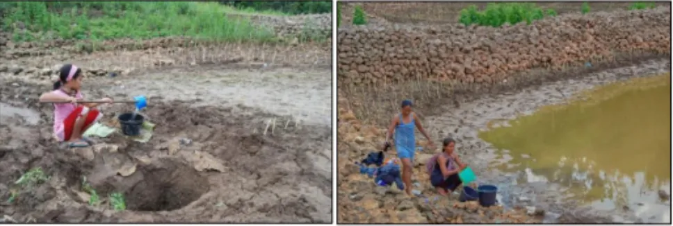 Figure 1. The drought conditions in Pucung village. Left: A child taking water from the basin at the edge of the 