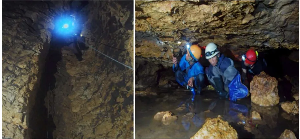 Figure 3. The discovery of the underground river in the corridor of Goa Suruh. Left image: vertical shaft to the underground river as high as 17 metres