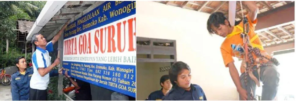 Figure 6. Left: The chairman of Tirta Goa Suruh setting up the sign for organization.Right: Vertical job training involving the youths in Pucung village (author documentation, 2014).