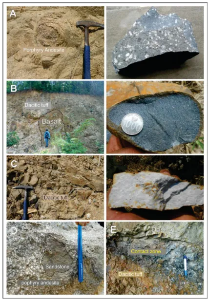 Figure 3. Various Types of Igneous Rock in Godean. (A) Spheroidal Weathering of  Porphyry Andesite; (B) Intrusive Rock of Basalt; (C) Bedding of Dacitic Tuff; (D) Xenolith of Sandstone in Andesite ; (E) Contact Zone  (Sill) Dacite with Dacitic Tuff
