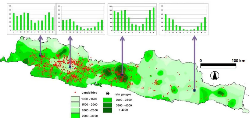 Figure 7. Spatial variation of annual rainfall in Java Island and landslides occurrence (red points)