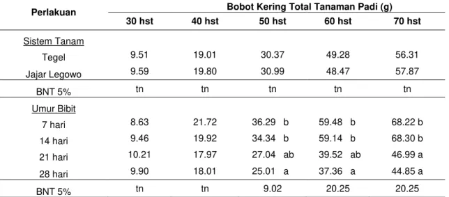 Tabel 3 Bobot kering total tanaman padi per rumpun (g) pada perlakuan sistem tanam dan umur  bibit pada berbagai tingkat 