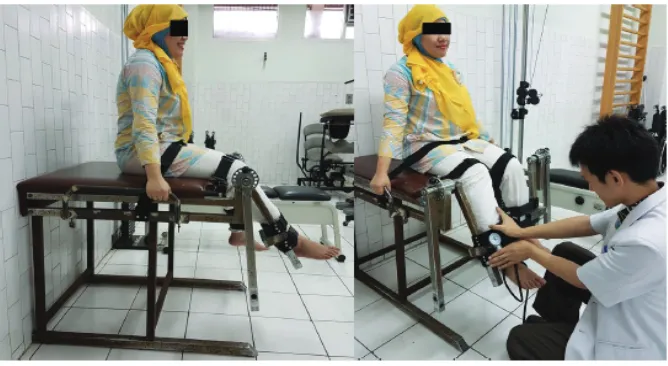 Fig. 1Subject’s Positioning & Stabilization. Subject was in Upright Sitting Position while Holding the Railings and Examined Knee in 60Pelvis, Thighs, and Shins (Left)