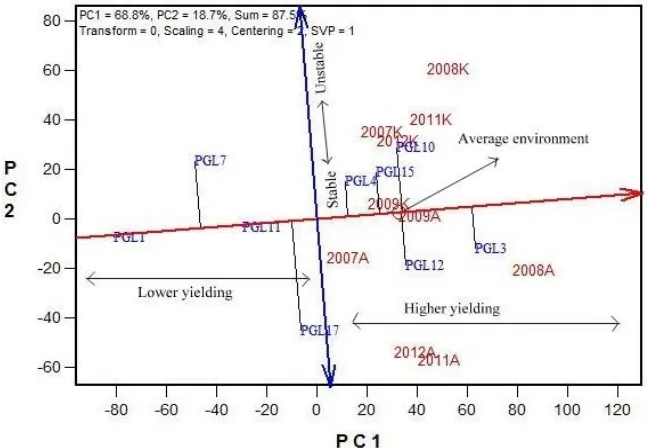 Figure 4. Poligon GGE biplot with patern which-won-where in two locations over five years 
