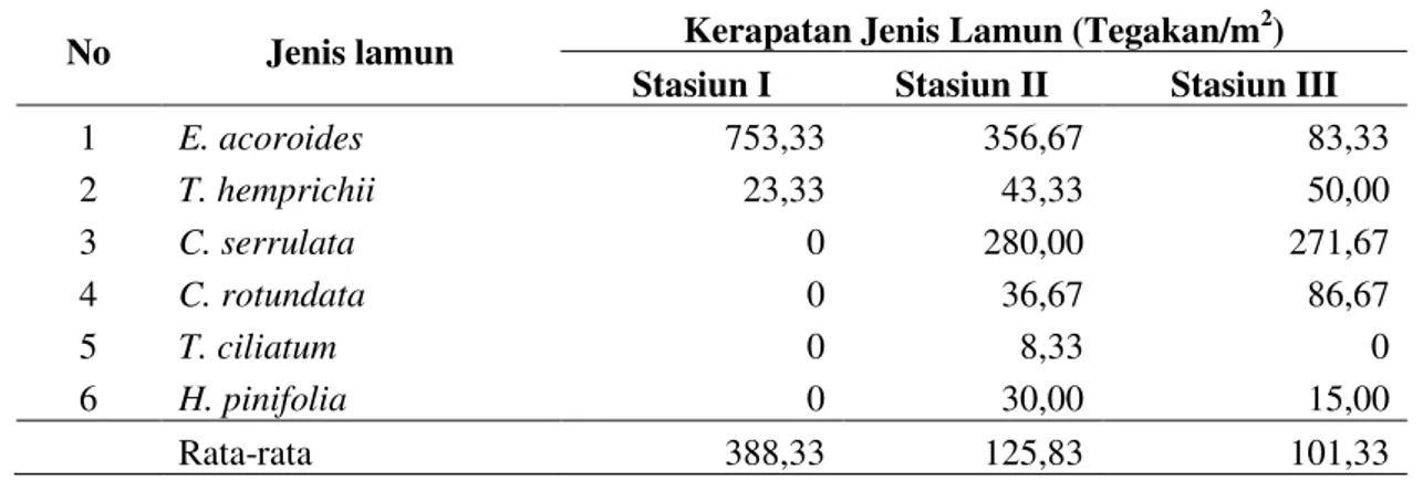 Tabel  3.  Kepadatan  jenis  lamun  pada  tiap  stasiun  penelitian  di  perairan  Desa  Lalowaru  Kabupaten Moramo Utara 