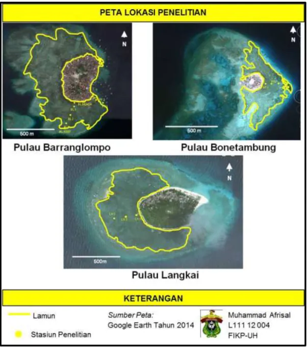 Gambar  6.    Peta  lokasi  penelitian  pada  zona  dekat  pantai,  bagian  tengah  dan  dekat terumbu karang di tiga pulau yang berbeda