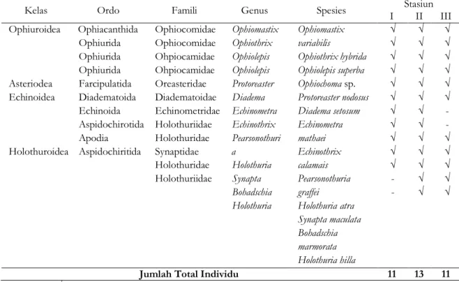 Tabel 2 . Jenis dan Distribusi Echinodermata yang ditemukan di lokasi pengamatan 