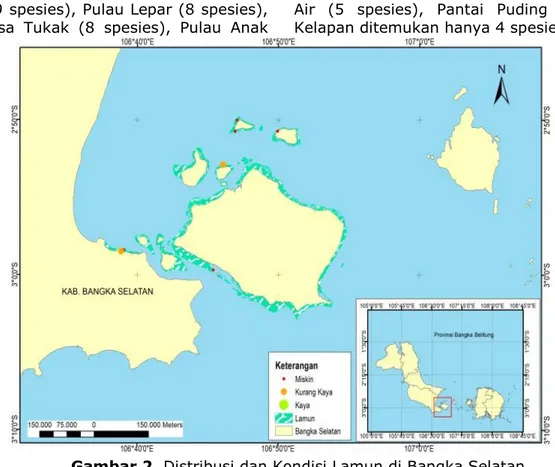 Gambar 2. Distribusi dan Kondisi Lamun di Bangka Selatan  Tabel 1. Kondisi Padang Lamun di Perairan Sekitar Pulau Lepar, Bangka Selatan 