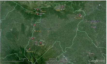 Figure 1. Site exploration map and distribution of Dioscorea spp. in Nganjuk Regency (Google Earth 2003) 