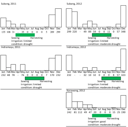Figure 2. Rainfall occurence (mm) and drought condition during the trials of high Fe rice lines in five specified sites during DS 2011 and DS 2012  