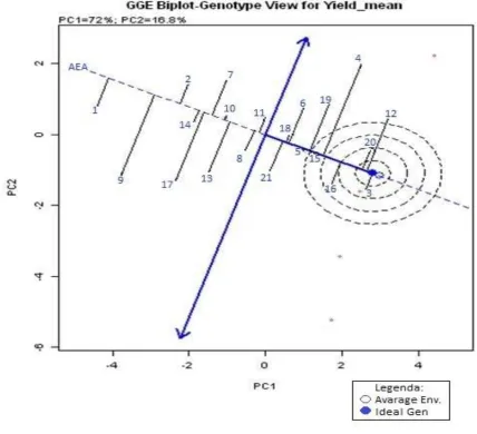 Figure 4. Visualization of GGE biplot showing the stability of genotypes, which linear line showing the axis 