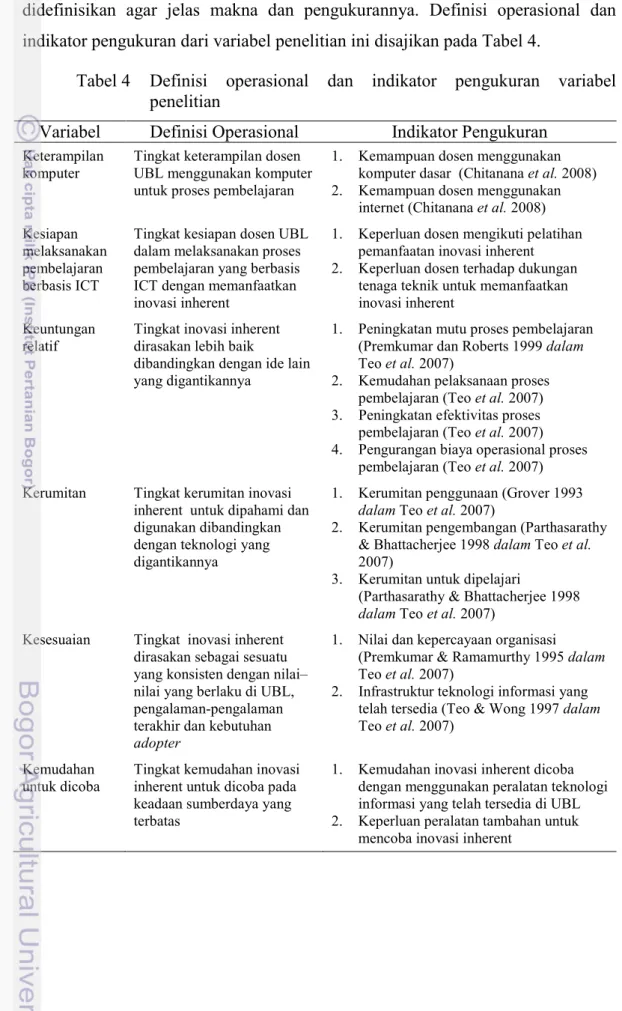 Tabel 4   Definisi  operasional  dan  indikator  pengukuran  variabel  penelitian 