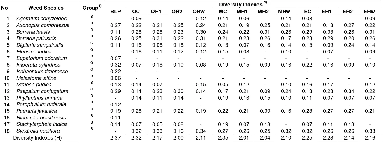 Table 2.  Diversity Index of weed communities (Shannon-Weiner Index) before land preparation and after sweet corn harvested 