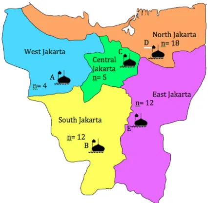 Figure 1. Geographical distribution of mosques A-E in Jakarta from which the samples were collected