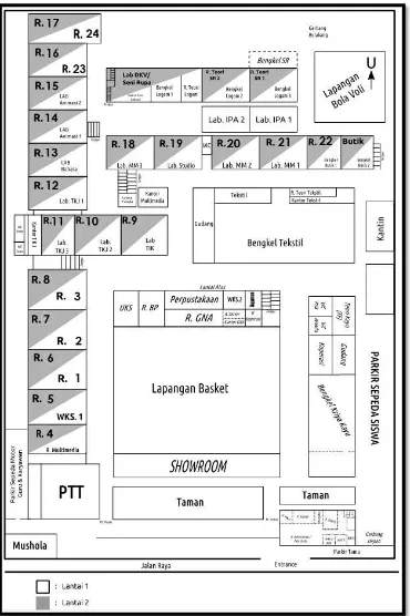 Gambar 4.4  Denah Ruang di SMK N 9 Surakarta Tahun Pelajaran 2015/2016 (Sumber: Arsip/dokumen pdf Sapras Sekolah)  