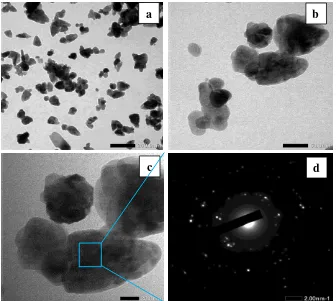 Figure 2:  TEM images of (a-c) NCP0.05 at different magnifications and (d) the SAED pattern of NCP0.05