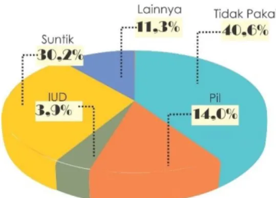 Gambar 4.4 Karakteristik Pengguna Kontrasepsi Wanita Berstatus Menikah  Gambar  4.4  menunjukkan  dari  31.691  wanita  berstatus  menikah  ternyata  terdapat  40,6%  wanita  yang  tidak  menggunakan  KB,  30,2% menggunakan KB Suntik, 14% menggunakan KB Pi