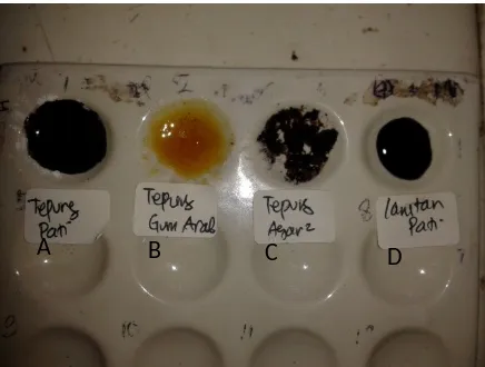 Gambar 3. Hasil uji Iod pada A (tepung pati), B (tepung gum arab), C (tepung agar-agar), D (larutan pati)