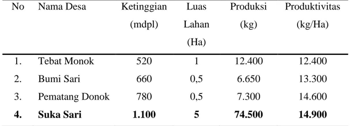 Tabel  1.  Luas  Lahan,  Produksi  dan  Produktivitas  Usahatani  Komoditi  Talas  Satoimo  Kabupaten Kepahiang Provinsi Bengkulu Tahun 2013