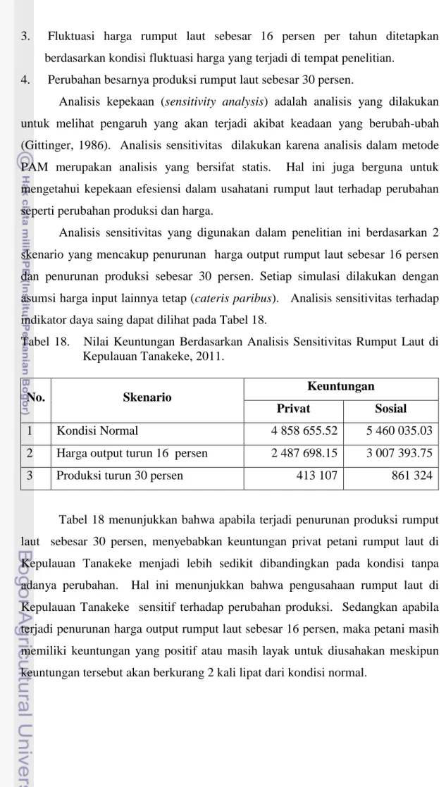 Tabel  18.      Nilai  Keuntungan  Berdasarkan  Analisis  Sensitivitas  Rumput  Laut  di  Kepulauan Tanakeke, 2011