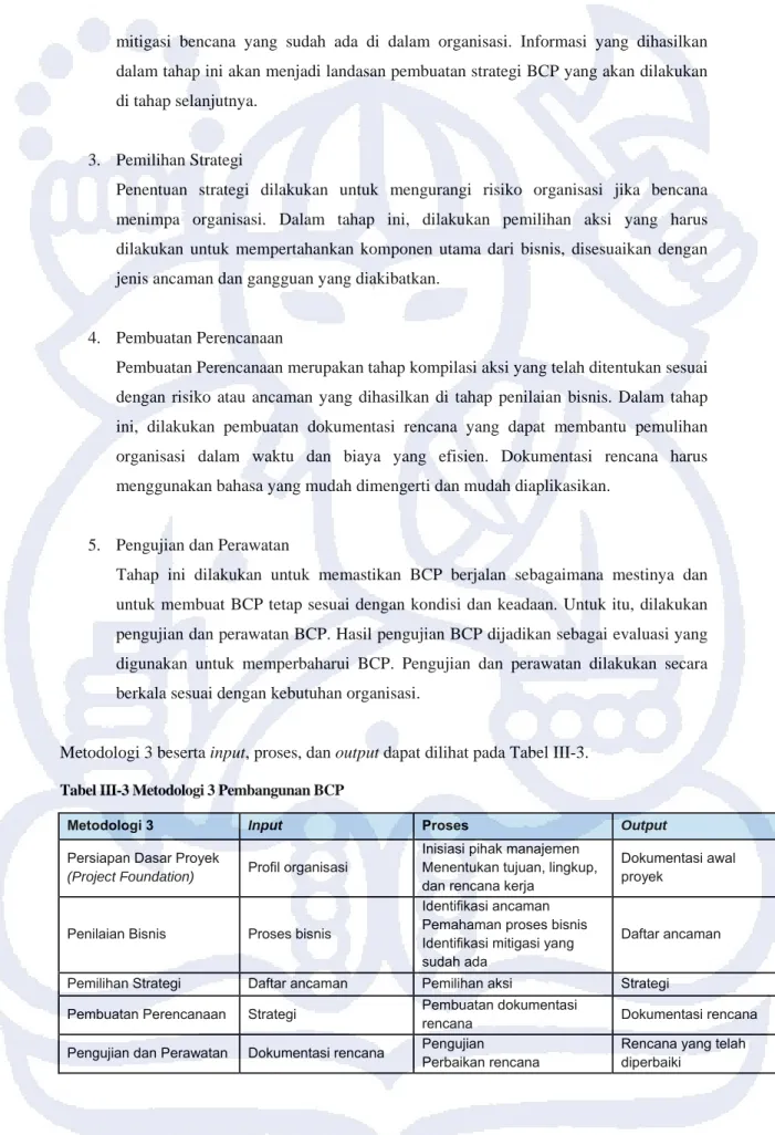 Tabel III-3 Metodologi 3 Pembangunan BCP 
