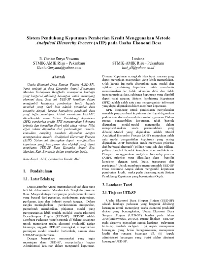 Sistem Pendukung Keputusan Pemberian Kredit Menggunakan Metode Analytical Hierarchy Process Ahp 4001