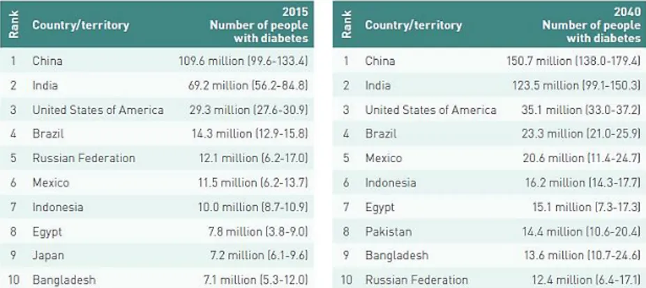 Gambar 1. Sepuluh negara dengan penderita diabetes terbesar (usia 20-79 tahun) pada tahun 2015 dan  perkiraan tahun 2040 