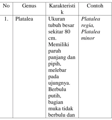 Tabel 2.3 Karakteristik 4 genus Famili Threskiornithidae. 41 