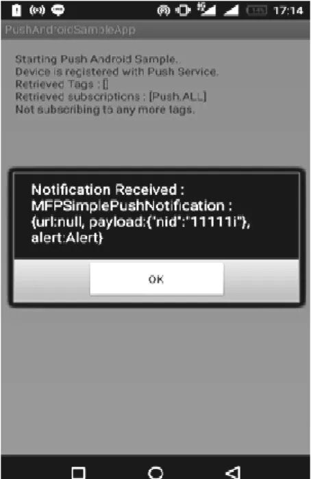 Gambar 10. Perangkat Android menerima notifikasi  yang dikirimkan dari IBM push notification 