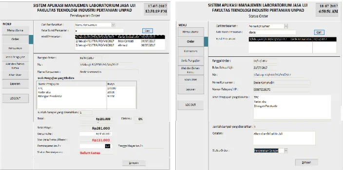 Gambar 6. Tampilan sub menu pembayaran order (kiri), sub menu status order (kanan)  H