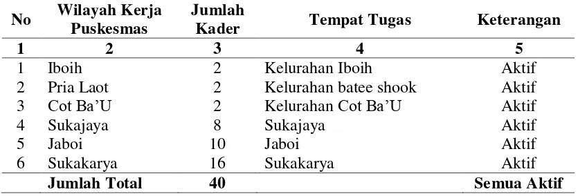 Tabel 4.10. Distribusi  Kader Kesehatan Jiwa  dan Tempat Tugasnya di Kota Sabang Tahun 2016 