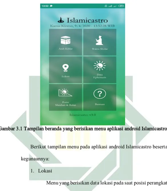 Gambar 3.1 Tampilan beranda yang berisikan menu aplikasi android Islamicastro 