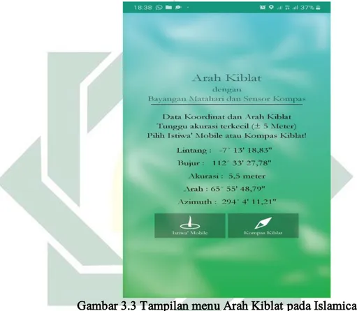 Gambar 3.3 Tampilan menu Arah Kiblat pada Islamicastro  yang diambil dari screenshot aplikasi bertempat di Desa 