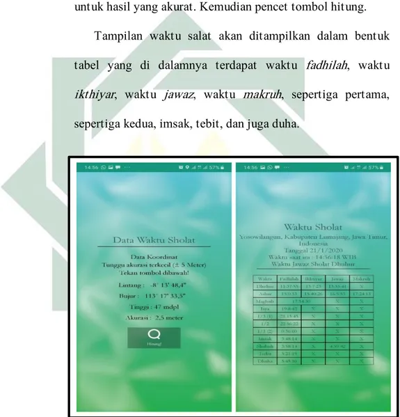 Gambar 3.4 Tampilan menu dan hasil hisab Waktu Salat  aplikasi android Islamicastro 