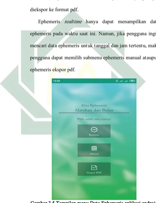 Gambar 3.5 Tampilan menu Data Ephemeris aplikasi android  Islamicastro 