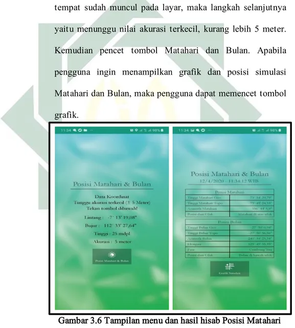 Gambar 3.6 Tampilan menu dan hasil hisab Posisi Matahari  dan Bulan aplikasi android Islamicastro 