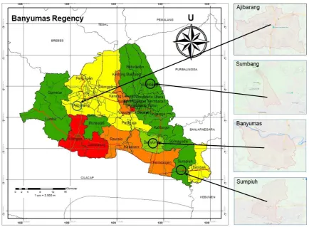 Figure 2. Location of sampling area at Ajibarang sub-district (7°25′28.380″LS 109°4′8.751″BT), Sumbang sub-district (7°21′50.795″LS 109°16′16.531″BT), Banyumas sub-district (7°31′43.898″LS 109°16′16.531″BT) and Sumpiuh sub-dis-trict (7°35′10.976″LS 109°21′59.125″BT) in Banyumas Regency (7° 36′ 42″ S, 109° 21′ 13″ E) 