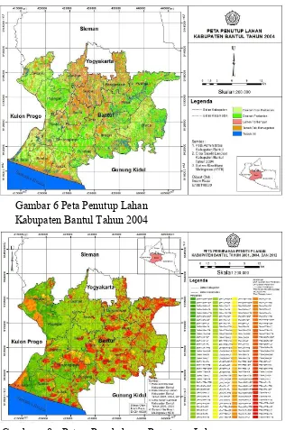 Gambar 8 Peta Perubahan Penutup Lahan Kabupaten Bantul Tahun 2001, 2004, dan 2012 