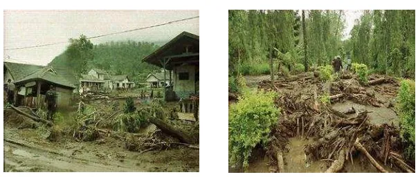 FIGURE 3. (A) UPPER WATERSHED FLOOD HITTING THE SETTLEMENT; (B) IRONY: FLOOD IN THE UPPER BRANTAS 