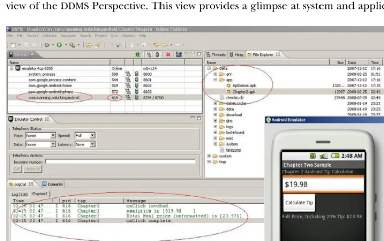 Figure 2.5 Perspective with an application running in the Android Emulator