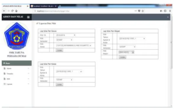 Gambar 17 Filter Data Laporan Nilai  Di menu filter data laporan nilai ini user bisa  memilih  laporan  nilai  yang  diinginkan  dengan  menginput terlebih dahulu sesuai data yang ada  di dalam database sistem ini